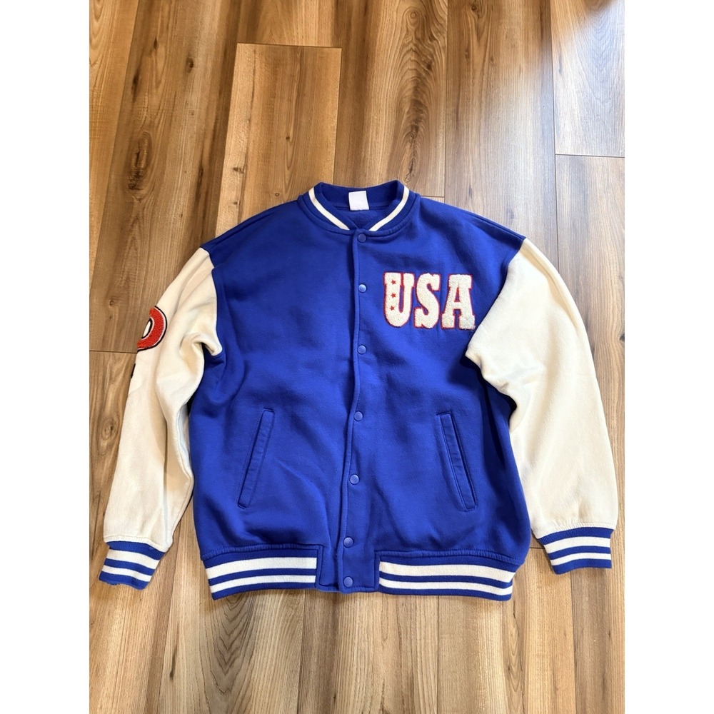 Zara Varsity Jacket Women's 13 14 Blue USA Pickstown Cotton Blend Snaps Ivory